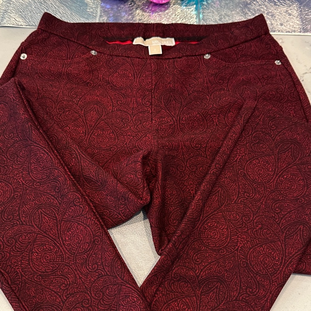 Michael Kors Red Paisley Ponte Skinny Trousers EUC